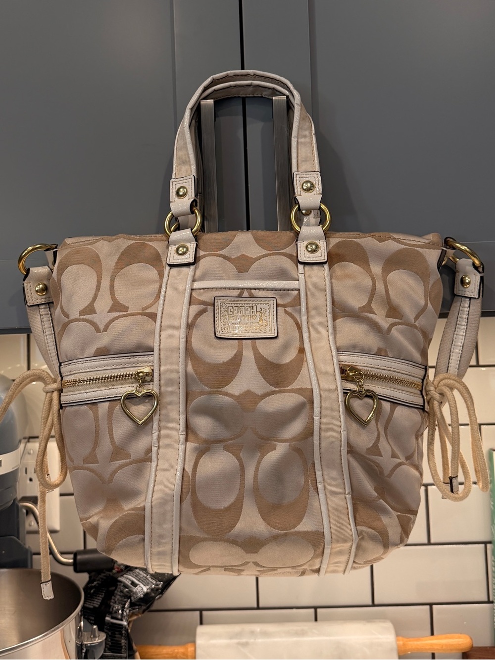 Coach Poppy 2012 Signature Canvas Tote Bag with Heart Zippers